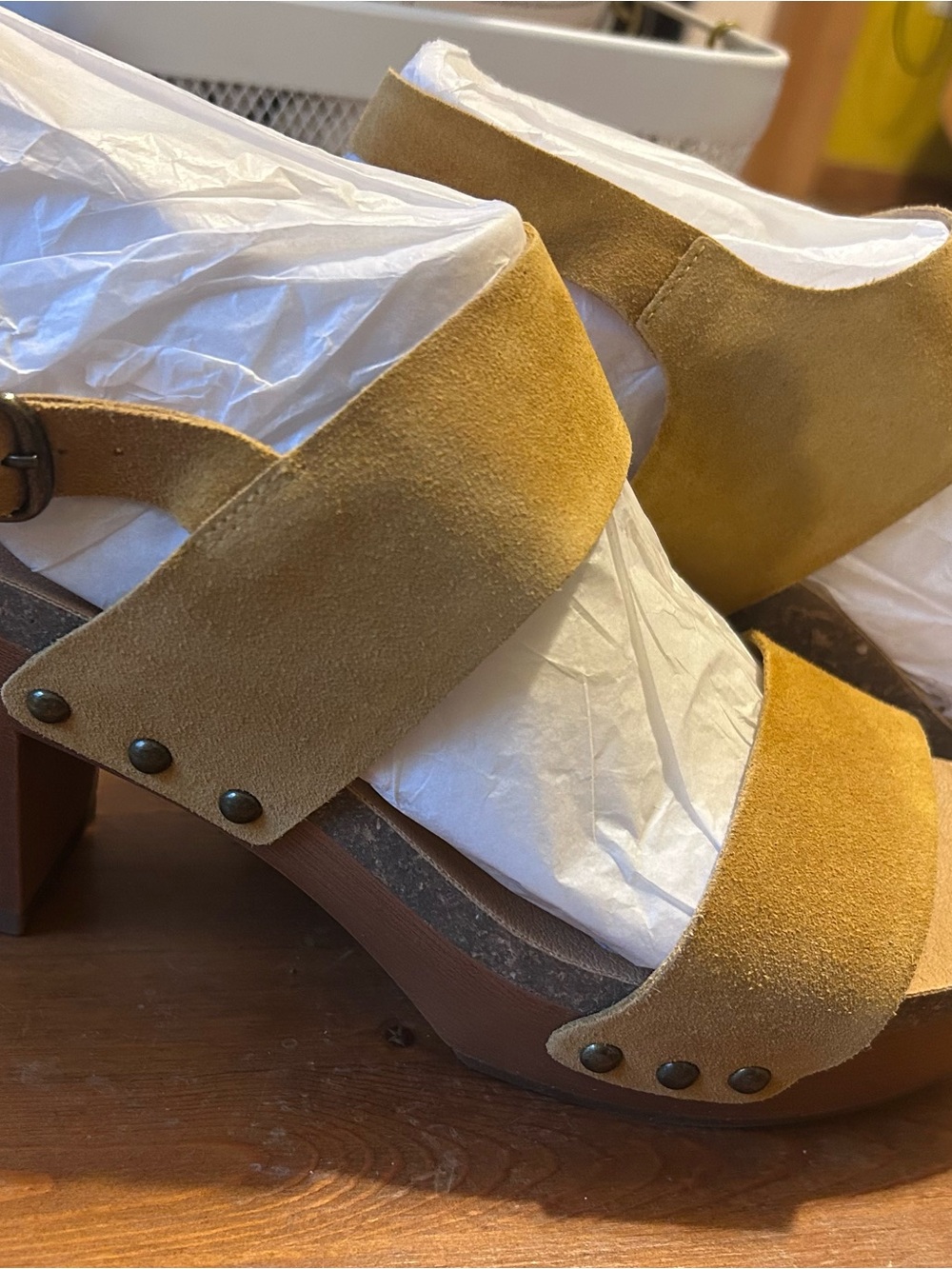 Lucky Brand Harimony Mustard Suede Platform Wedge Sandals